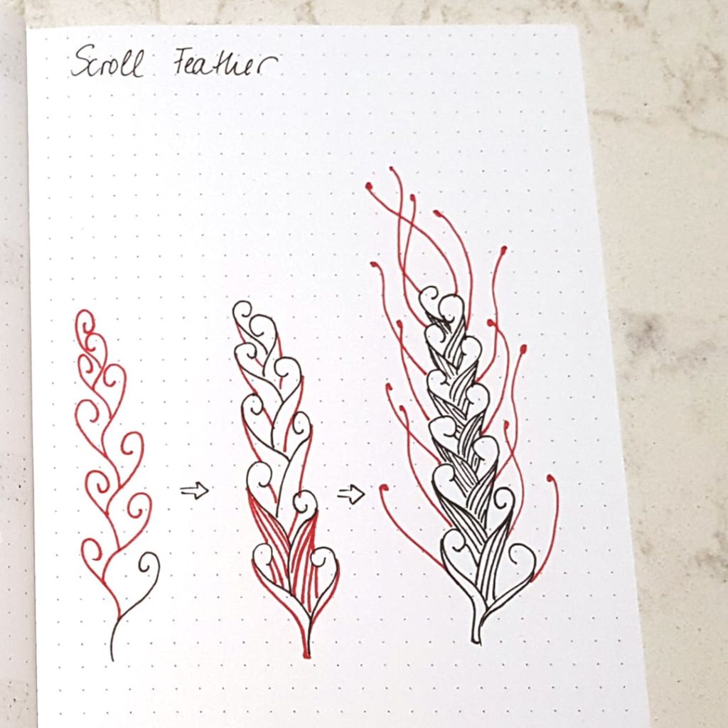 Scroll feather | www.westcoastdreaming.com/tangle-patterns-beginners